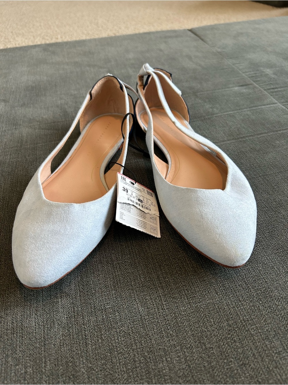 Zara Light Blue Suede Pointed Toe Slingback Flats
